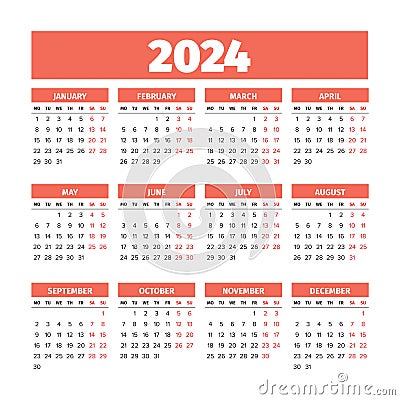 2024 Calendar with the weeks start on Monday Vector Illustration