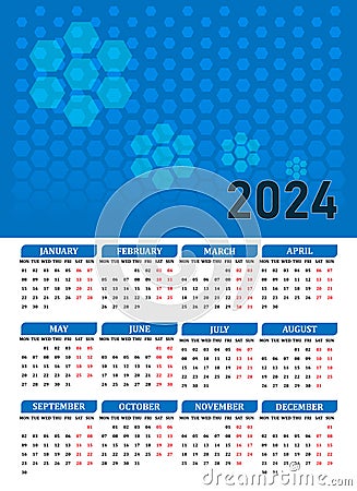 2024 Calendar with the weeks start on Monday Stock Photo