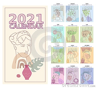 2020 Calendar Woman Face Minimal Line Art. Set of 12 months one line woman contemporary portrate abstract collage with Vector Illustration
