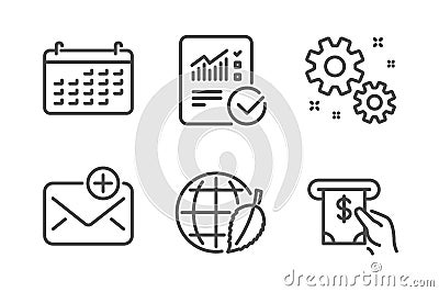 Calendar, Work and Environment day icons set. Checked calculation, New mail and Atm service signs. Vector Vector Illustration