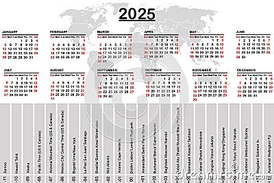 2025 calendar with world map and time zones Vector Illustration