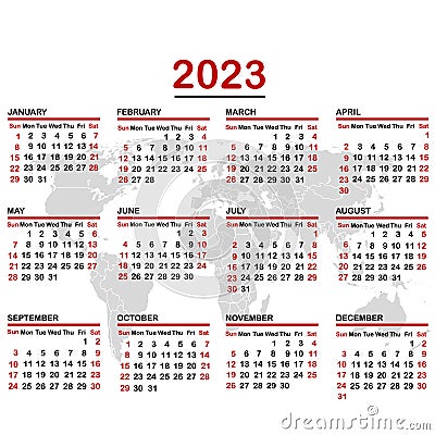 2023 calendar with world map Vector Illustration