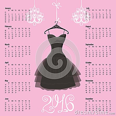 Calendar 2016 year.Black dress Silhouette Vector Illustration