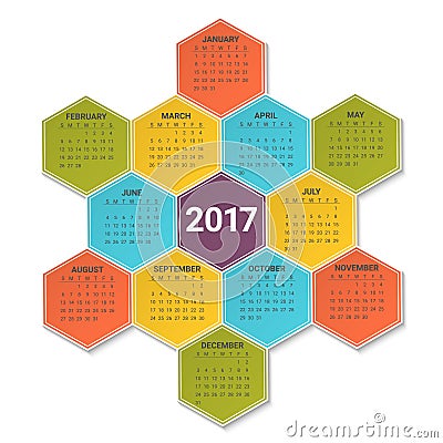 Calendar for 2017 Year on bright colorful hexagonal background. Week starts from sunday. Vector Design Print Template. Vector Illustration