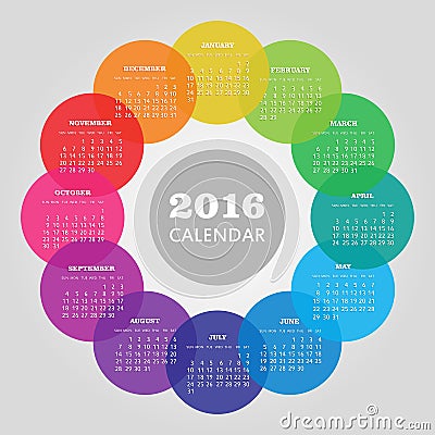 Calendar 2016 year with colored circle Vector Illustration