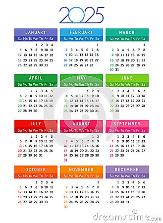 Calendar 2025 year editable template week start sunday with colored months Vector Illustration