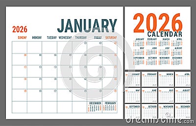 Calendar 2026 year. English planner template. Vector square grid. Office business planning. Creative design. Red and grey color Vector Illustration