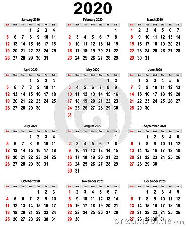 Calendar for 2020 year for every month Stock Photo