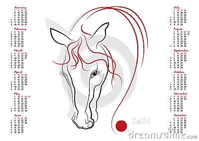 Calendar 2026 The Year of the Horse Vector Illustration