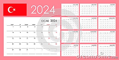 Calendar for 2024 year, organizer planner, 12 boards, months set. Wall layout. Clear template. Turkish Vector Illustration