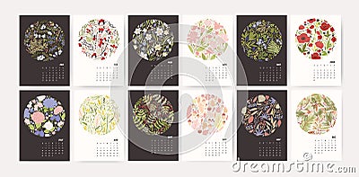 Calendar for 2019 year. Page templates with round seasonal floral decorative elements and months on black and white Vector Illustration