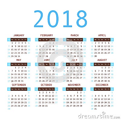 Calendar 2018 year simple style. Cartoon Illustration