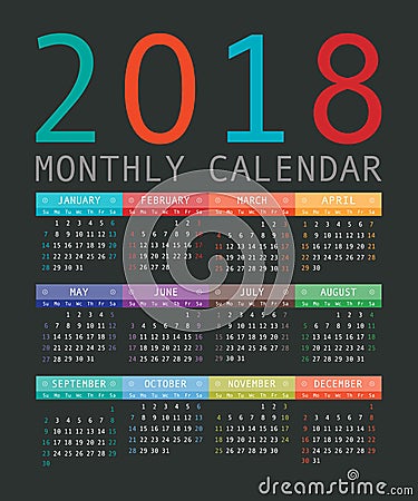 Calendar 2018 year simple style. Cartoon Illustration