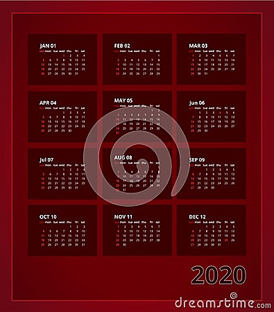 Calendar 2019 year simple style in white background. Week starts from Sunday. Vector illustration Cartoon Illustration