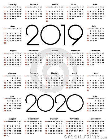 Calendar 2019 and 2020 year. Simple Vector Template. Stationery Design Template. Calendar design in black and white colors, Vector Illustration