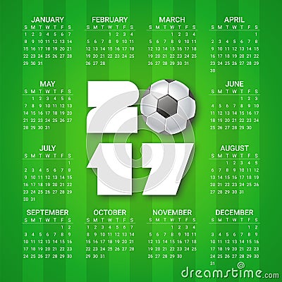 Calendar for 2017 Year with soccer ball on bright green background. Sport, football theme. Week starts from sunday. Vector Illustration