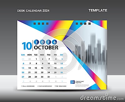 Calendar 2024 year template vector- October 2024 year, Desk calendar 2024 design, Week starts Sunday, Planner, Stationery design, Vector Illustration