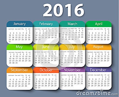 Calendar 2016 year vector design template Vector Illustration