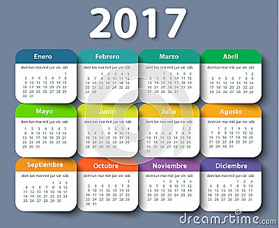 Calendar 2017 year vector design template in Spanish. Vector Illustration