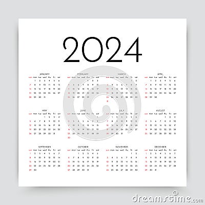 Calendar 2024 year. Vector illustration. Calender layout grid of year planner Vector Illustration