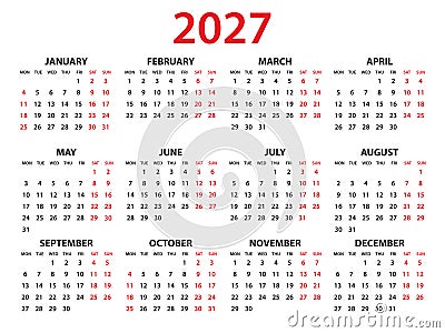 Calendar 2027 year vector illustration, Set of 12 calendar, week starts on Monday, Simple planner template, desk calendar 2027 Vector Illustration