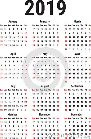 Calendar of 2019 Vector Illustration