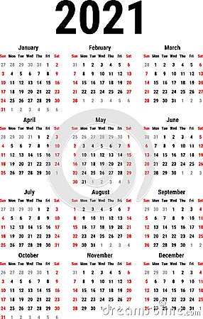 Calendar for 2021 Vector Illustration