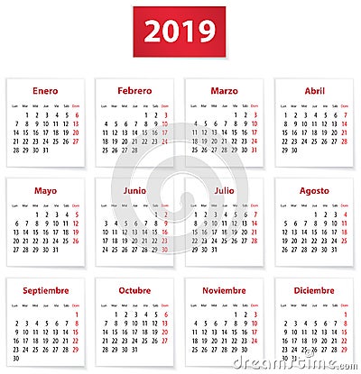 2019 Spanish calendar in red Vector Illustration