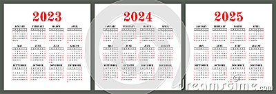 Calendar 2023, 2024 and 2025 years. Square vector calender design template. English set. Week starts on Sunday. January Vector Illustration