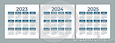 Calendar 2023, 2024 and 2025 years. Square vector calender design template. English set. Week starts on Sunday. January Vector Illustration