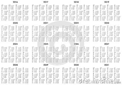 Calendar of years 2016 to 2031 Stock Photo