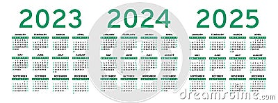 Calendar 2023, 2024 and 2025 years. Vector calender design template. English set. Week starts on Sunday. January Vector Illustration
