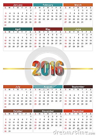 Calendario 2016 Stock Photo