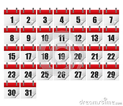 Calendars for all 31 days of a month. Calendar icons set. Vector Illustration