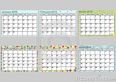 Calender set January to June for USA Vector Illustration