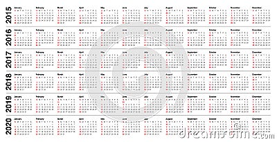 Calender 2015 2016 2017 2018 2019 2020 Vector Illustration