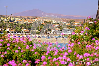 CALETA DE FUSTE, FUERTEVENTURA, SPAIN - FEBRUARY 10, 2019: View on the beach Caleta de Fueste Editorial Stock Photo