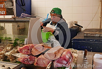 Seafood at the fishmongers stalls in Caleta Portales, Valparaiso, Chile Editorial Stock Photo