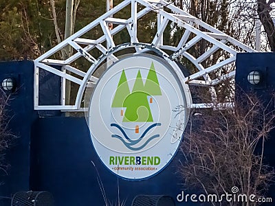 A Riverbend welcome sign from a residential neighbourhood in the southeast quadrant of Editorial Stock Photo