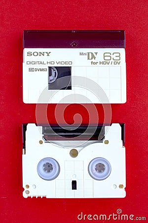 A SONY Digital HD Video, mini DV for HDV/DV Cassette on a red background Editorial Stock Photo