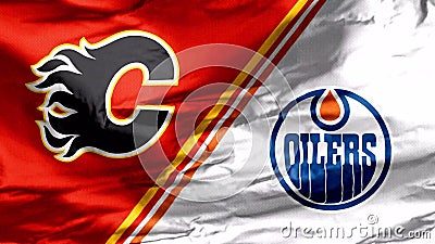 A red and white waving flag of Calgary flames and Edmonton Oilers. The battle of Alberta. Calgary, Alberta, Canada. Jan 11 2020. A red and white waving flag of stock illustration A red and white waving flag of Calgary flames and Edmonton Oilers. The battle of Alberta. Calgary, Alberta, Canada. Jan 11 2020. A red and white waving flag of stock illustration
