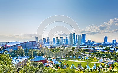 Downtown Calgary sky view during stampede festival with the Indian Village also call Editorial Stock Photo