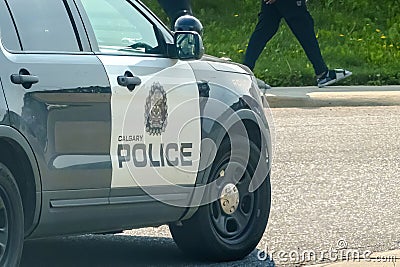 A close up to the side of a Calgary Police Service vehicle Editorial Stock Photo