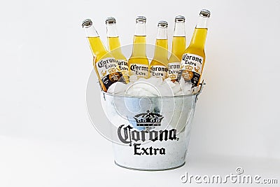 A bucket of Corona with ice and beers bottles Editorial Stock Photo