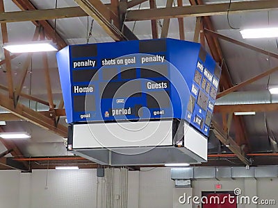 A hockey Center Hung Scoreboard. Large center-hung scoring solution that includes shots on Editorial Stock Photo