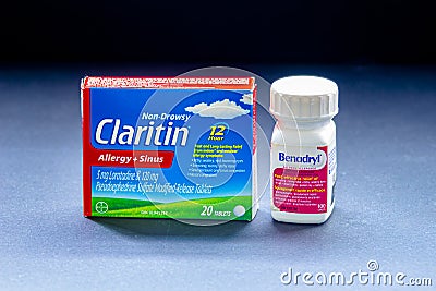 Calgary, Alberta, Canada. Oct, 6, 2020. Loratadine, sold under the brand name Claritin a medication used to treat allergies as Editorial Stock Photo