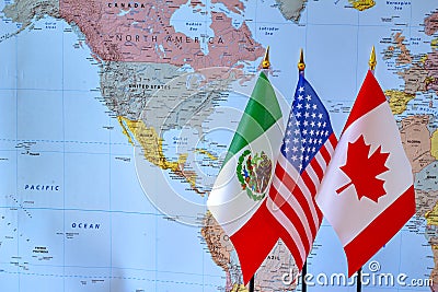 Canada, USA, Mexico flags, North America free trade agreement new deal Editorial Stock Photo