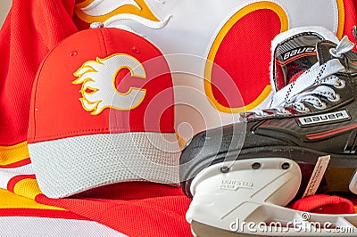Calgary Flames NHL team baseball cap and jersey Editorial Stock Photo