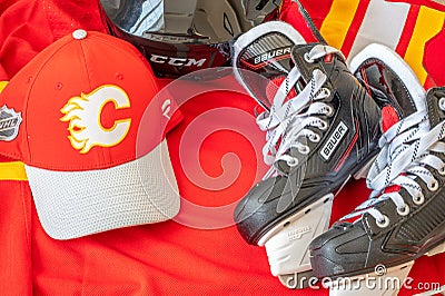 Calgary Flames NHL team baseball cap and jersey Editorial Stock Photo