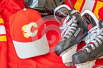 Calgary Flames NHL team baseball cap and jersey Editorial Stock Photo